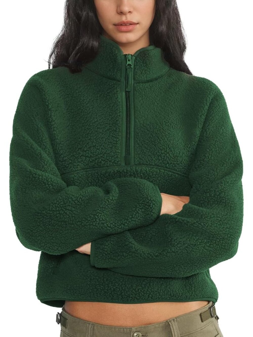 Women Green 100% Polyester Mock-neck Fuzzy Sherpa Fleece Quarter Zip Sweatshirt
